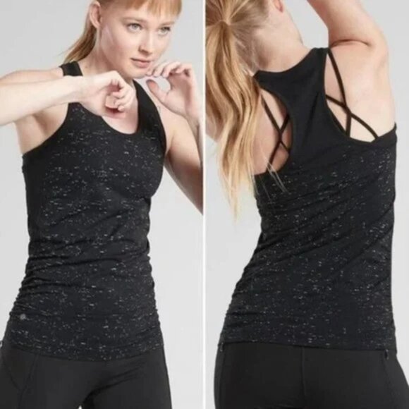 Athleta Speedlight Racerback Seamless Workout Tank Black Speckle Ruched Size Sma - Picture 1 of 2
